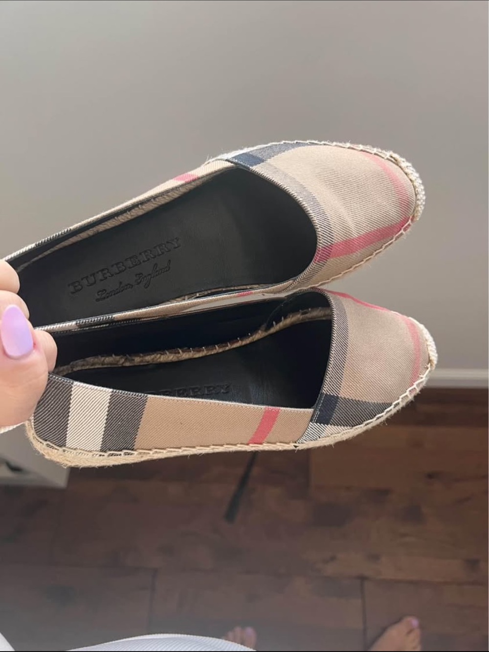 Burberry Beige Check Canvas Espadrilles with Pink & Black Accents